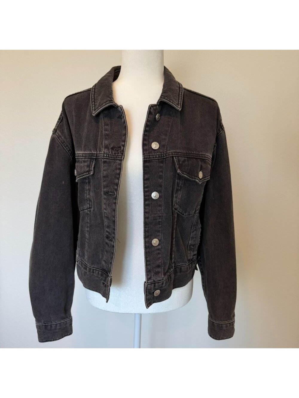 Oversized Cotton Black Denim Button Up Moto Jean Jacket Size 6